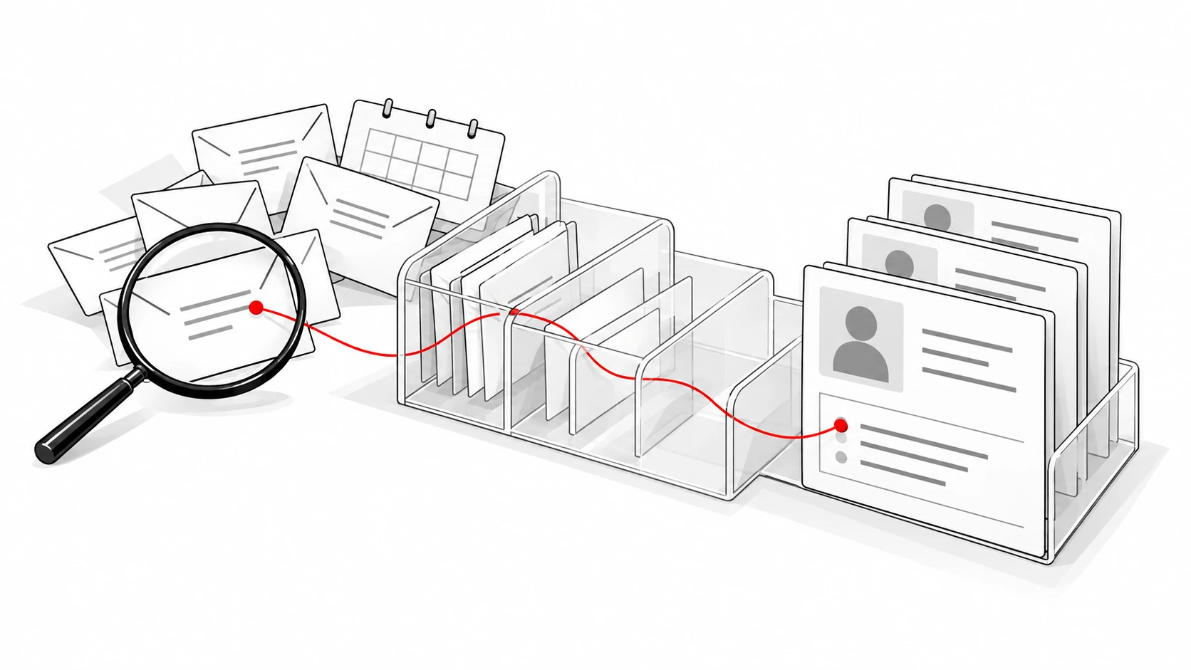 Conversation cards pass through a transparent organizer into customer records, with a red thread connecting a fact to its inspected source.