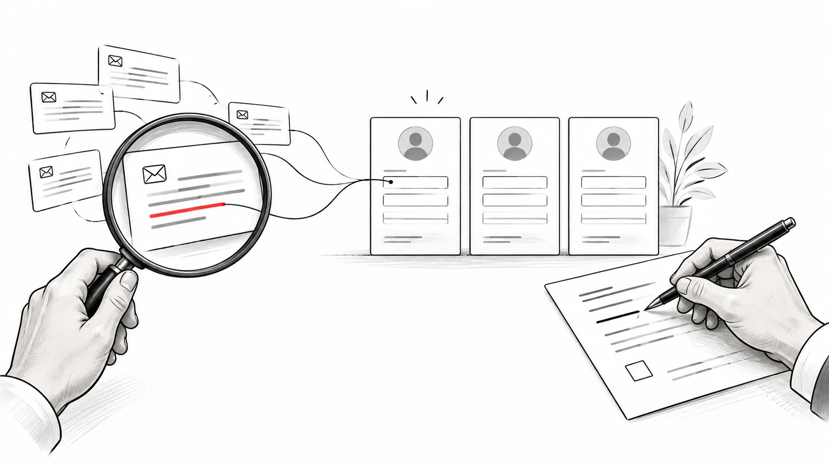A magnifying glass traces an email fact to customer records while a person reviews a follow-up.