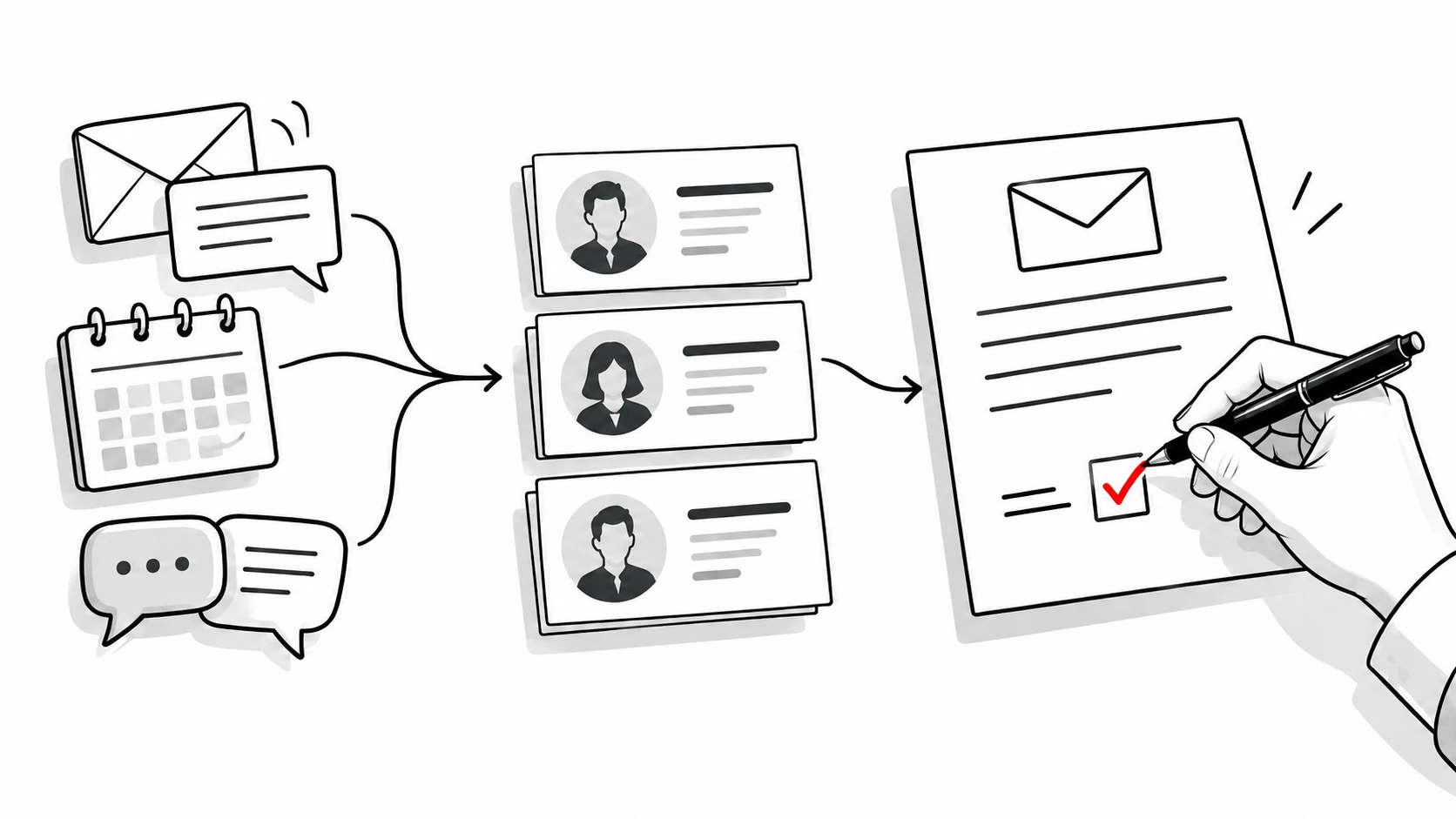 Customer conversations and calendar events flow into deal cards and a follow-up draft reviewed by a human hand.