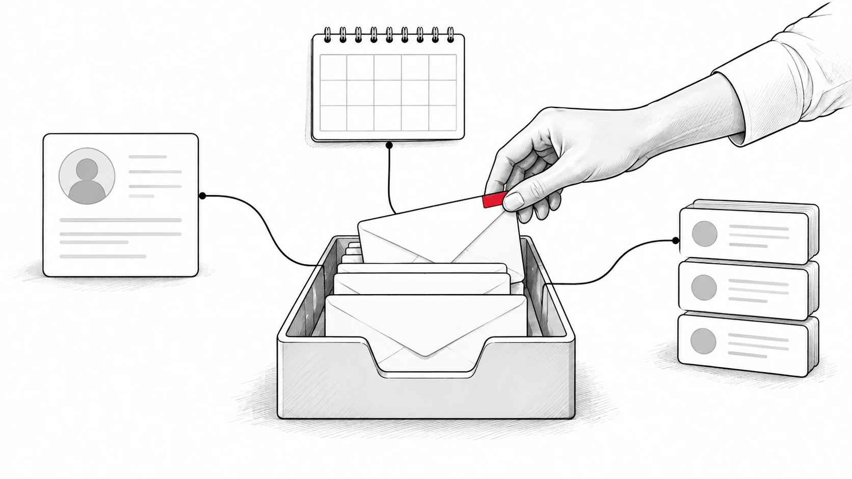 An inbox tray connects email conversations to a customer card, calendar and deal records.