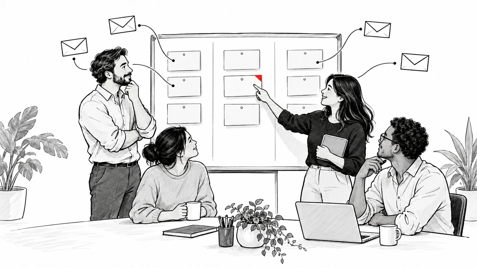 Four sales colleagues review a shared deal pipeline connected to email conversations.