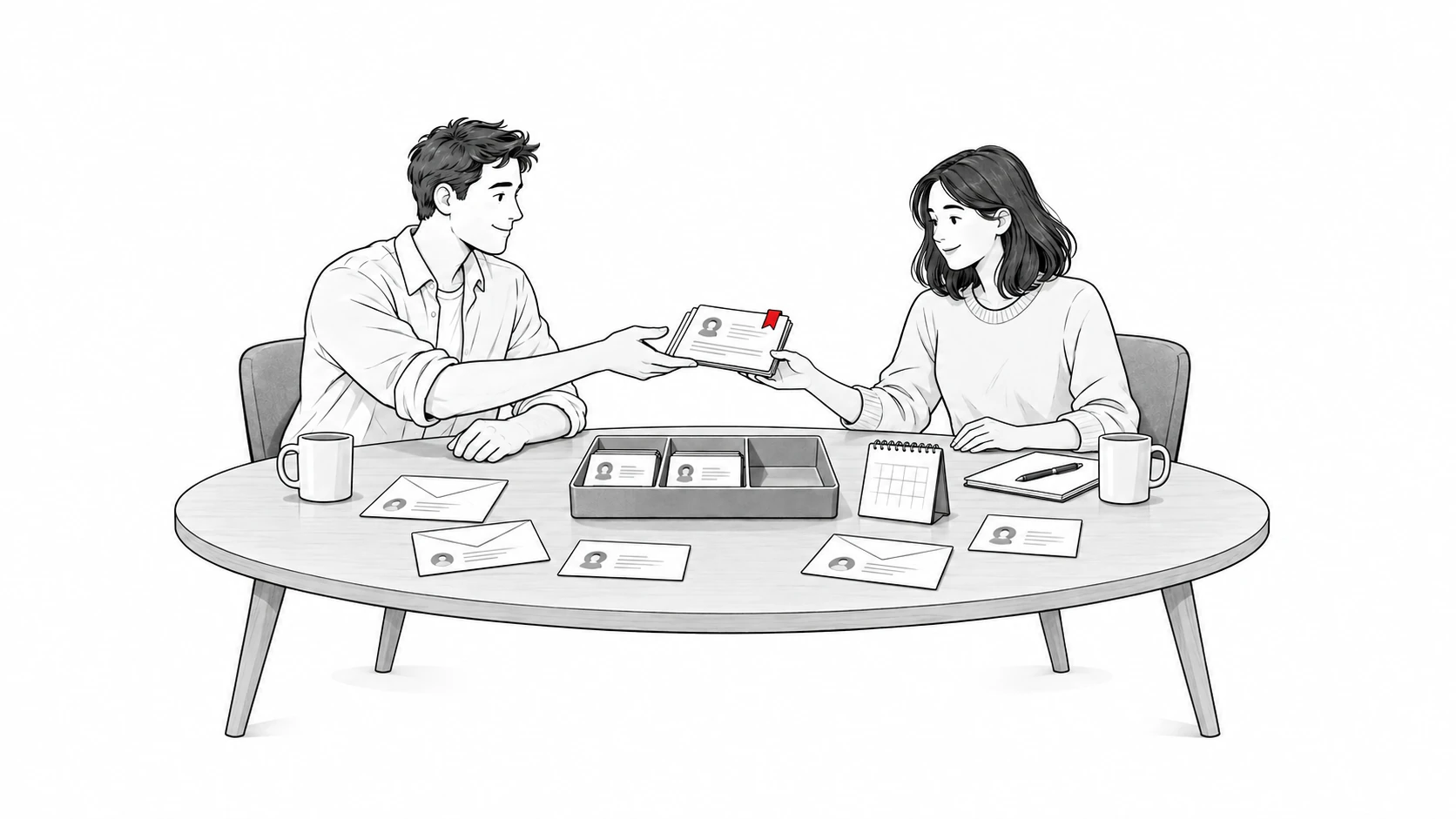 A founder hands a customer dossier to a teammate across a desk with conversation cards, a pipeline tray, and a calendar.