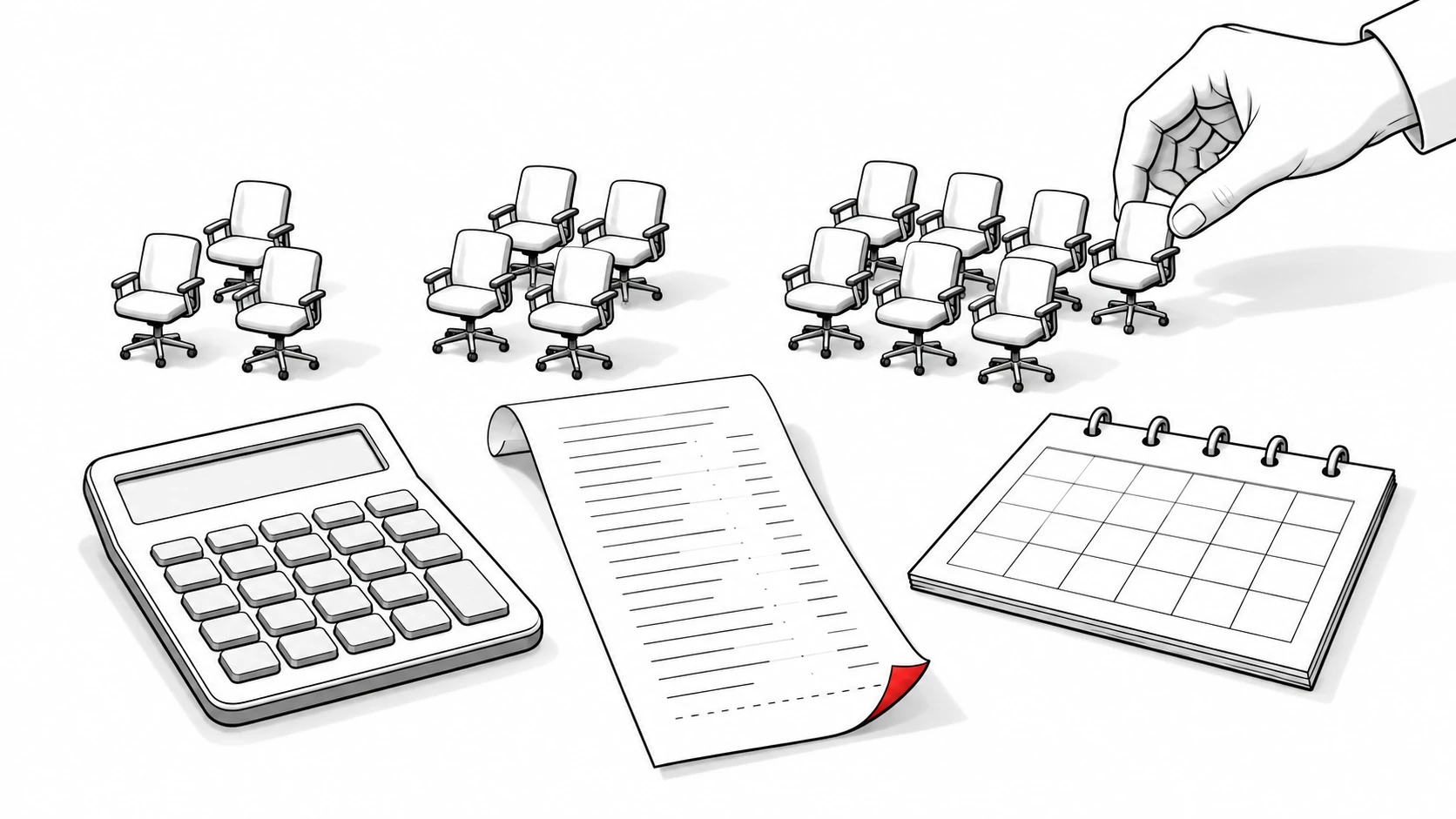 Office-seat tokens, a calculator, a bill and a calendar illustrate CRM subscription budgeting.
