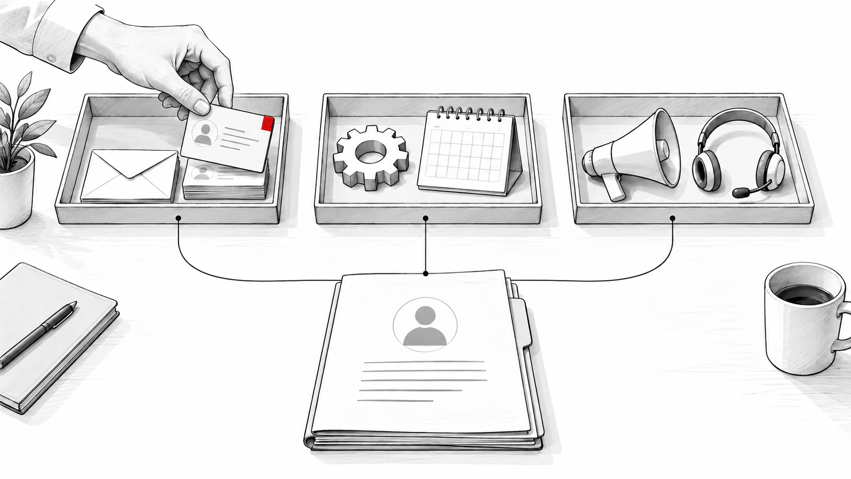 Three trays of sales, workflow, marketing and service tools connect to one customer dossier.