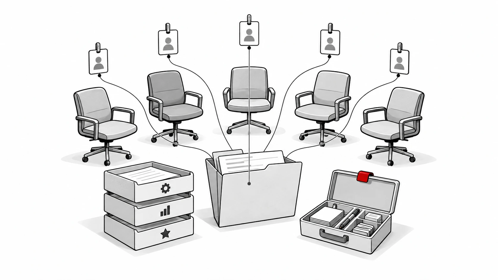 Office chairs and access passes connected to a budget folder beside feature trays and an onboarding toolkit.