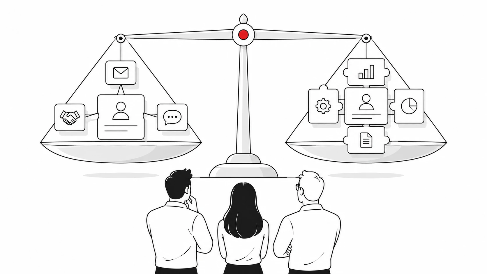A small sales team weighs a connected customer platform and a configurable CRM suite on balanced scales.