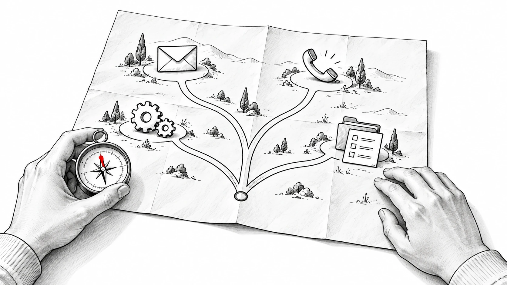 A branching map connects email, calling, workflow rules and project handoffs as CRM choices.
