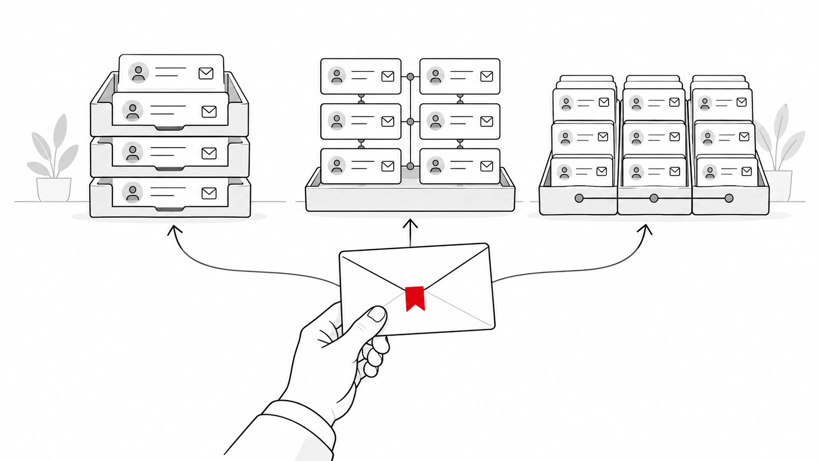 An email conversation branches into three equally presented ways to organize contact and sales records.