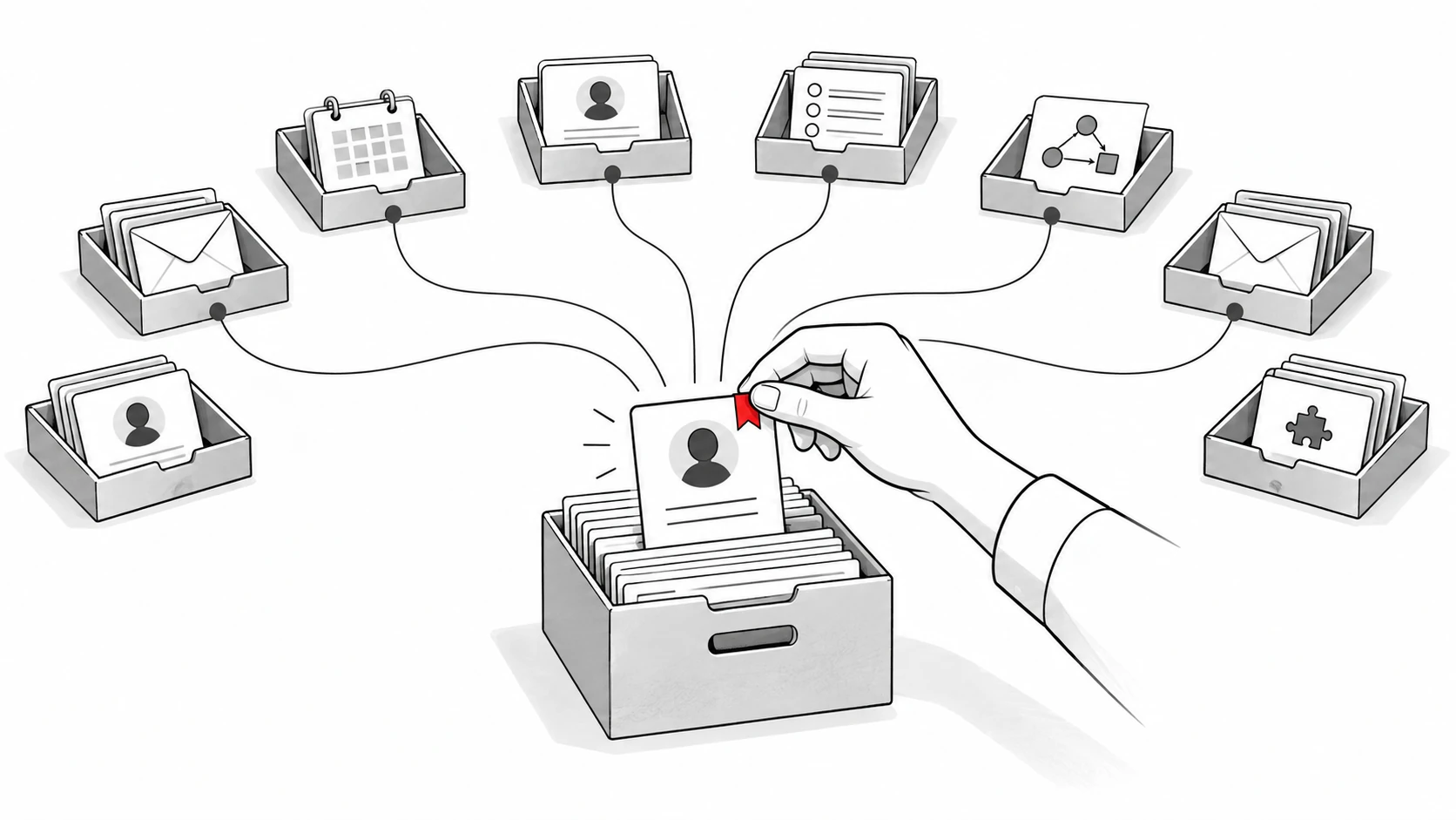 A hand lifts a customer dossier connected to eight equal record trays, illustrating choosing a new CRM while preserving customer context.