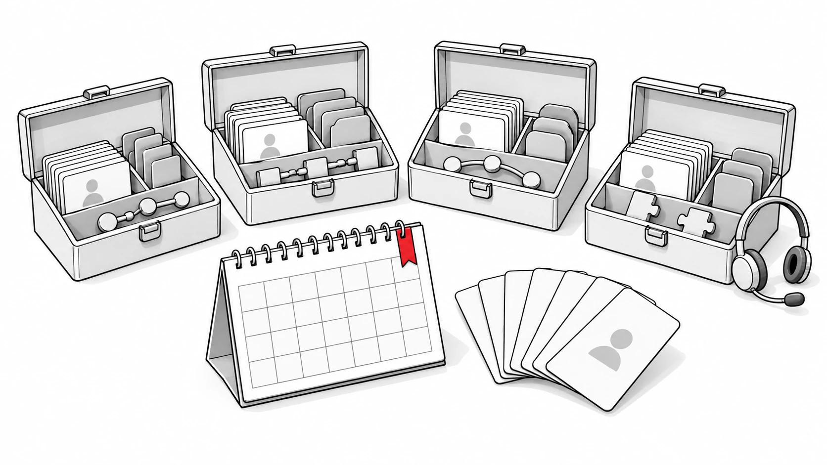 Four modular CRM toolboxes beside a blank billing calendar, user passes, and an optional support headset.